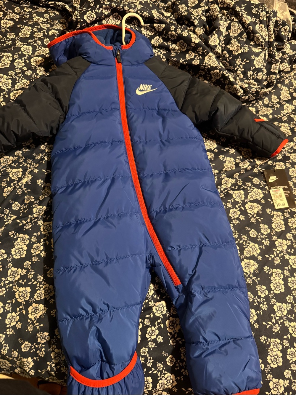 Nike Blue and Black Puffer One-Piece Snowsuit with Red Trim